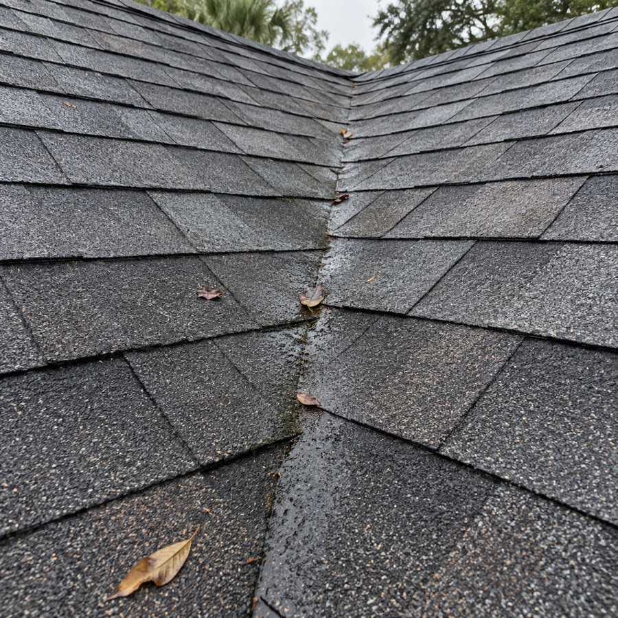 Wet asphalt shingle valley reviewed for possible leak concern