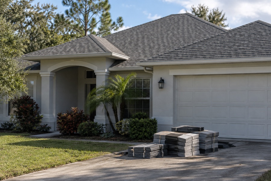 Asphalt shingle materials prepared for roof replacement