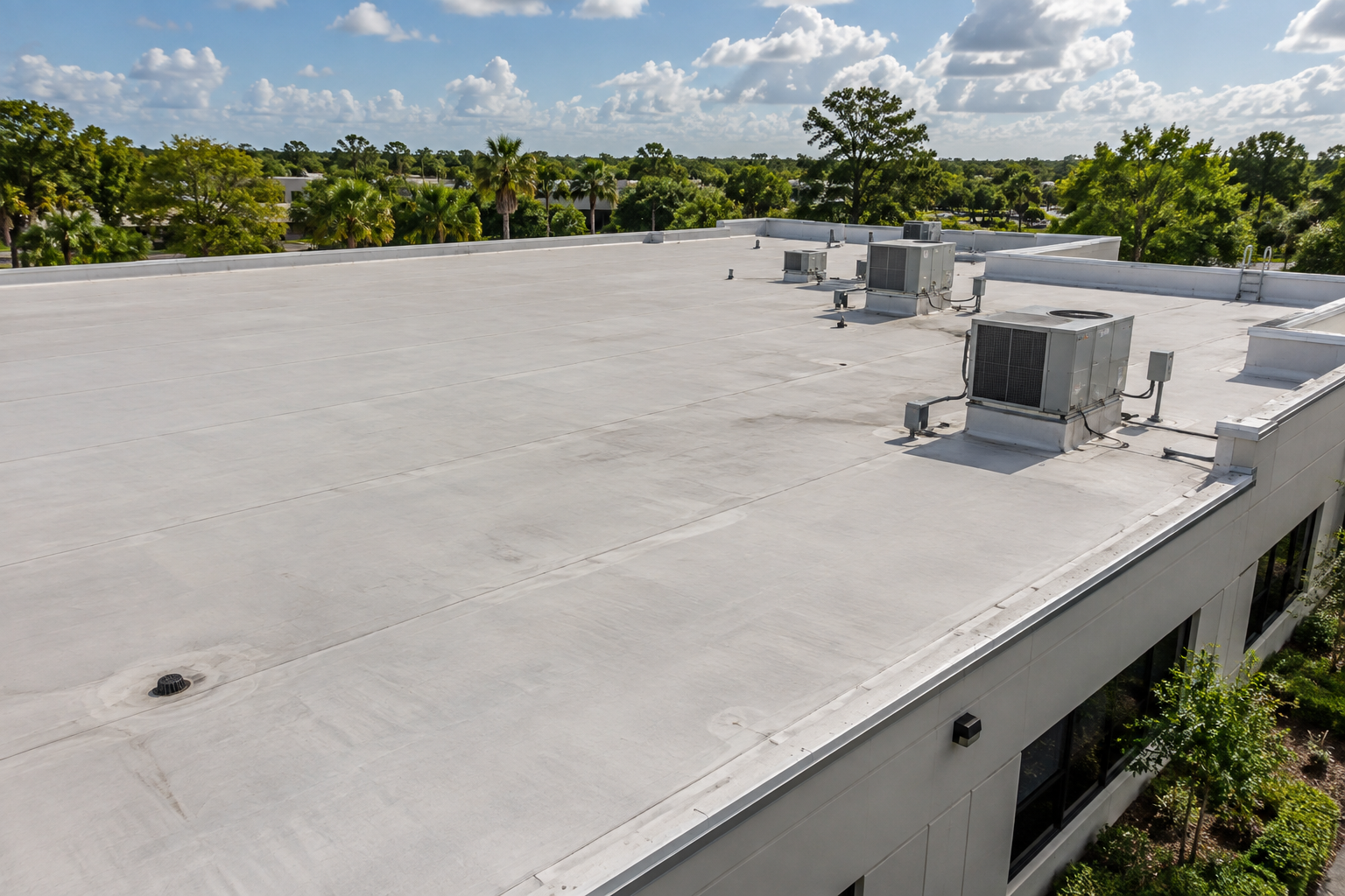 Aerial view across a commercial flat roof with parapets and rooftop equipment.