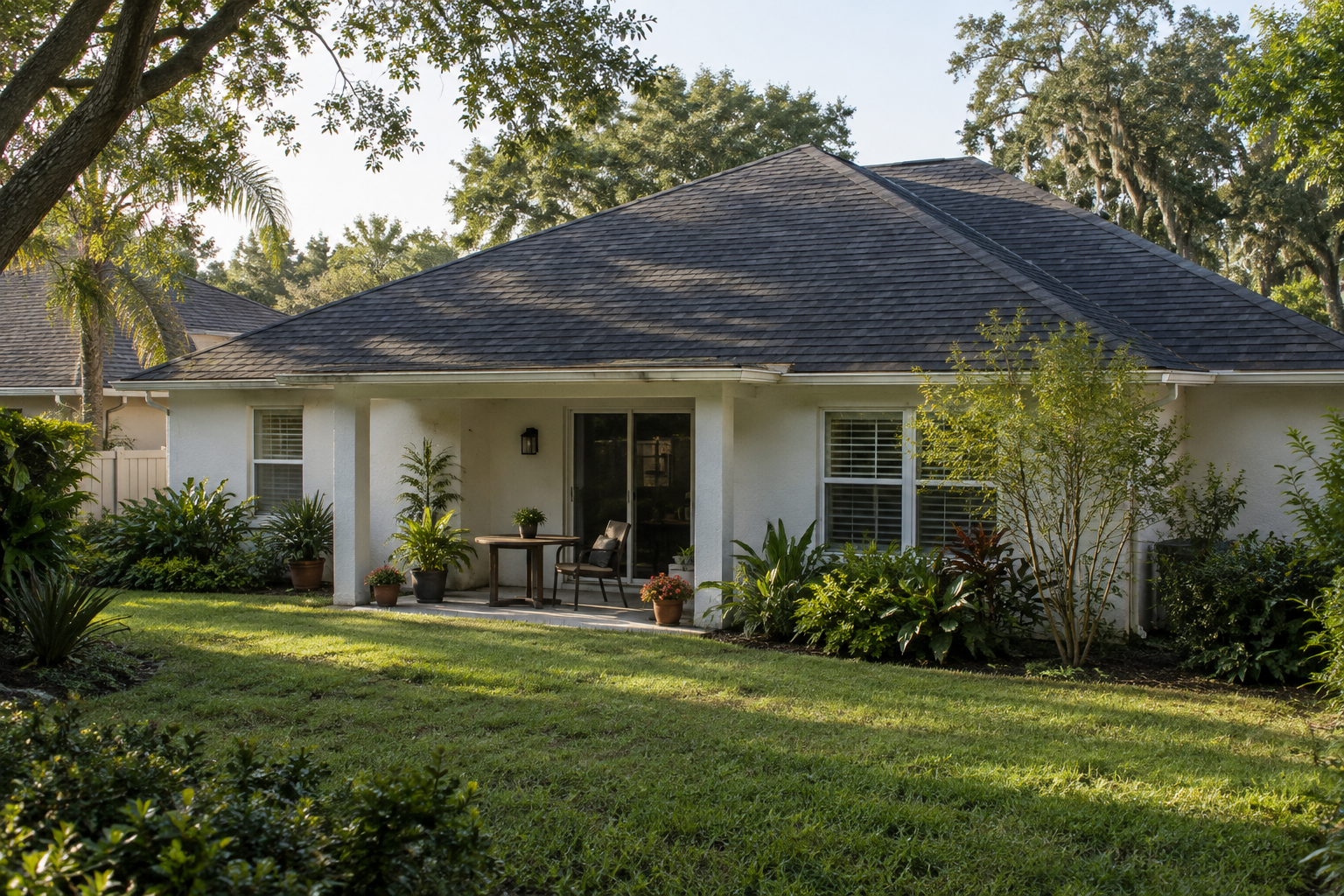 A house with a shingle roof and a covered front porch.