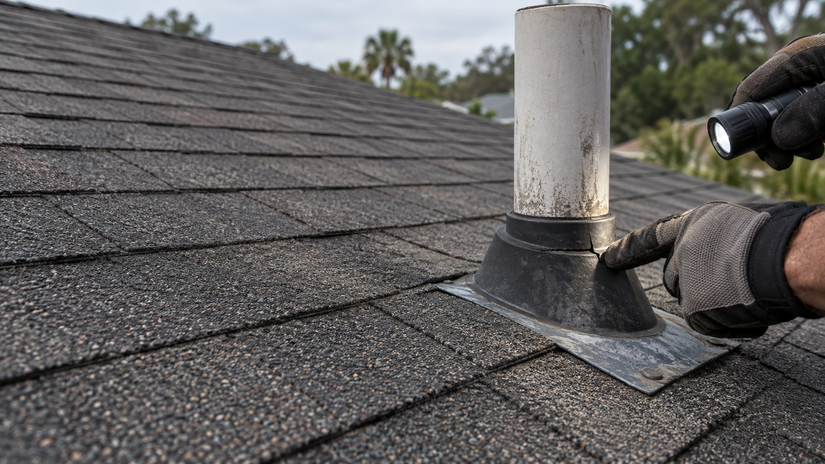 A roofer working on flashing around a pipe on a shingle roof.