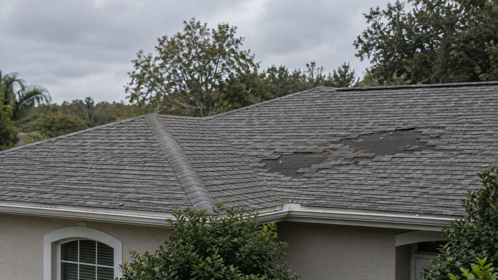 View of shingles along the roof of a house after a storm.