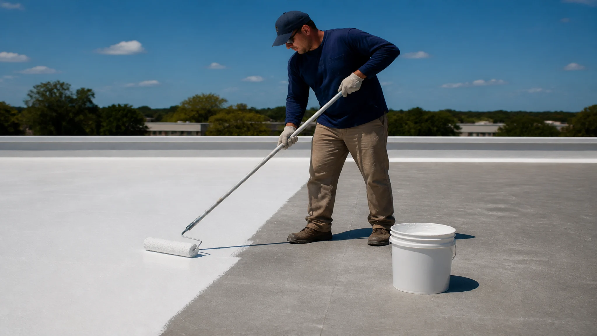 A worker applying coating to a commercial roof.