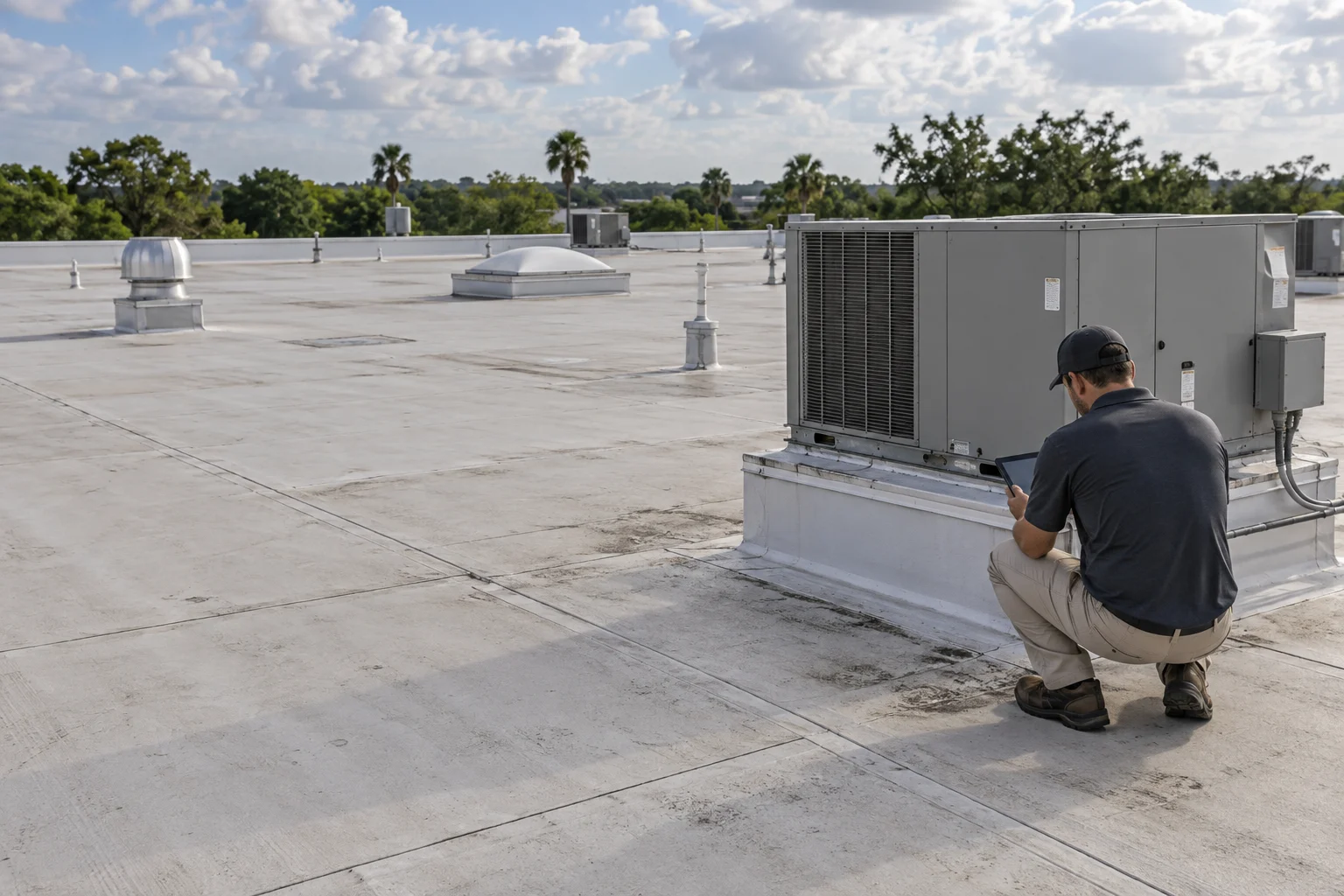 A roofer examining flashing beside rooftop equipment on a commercial roof.
