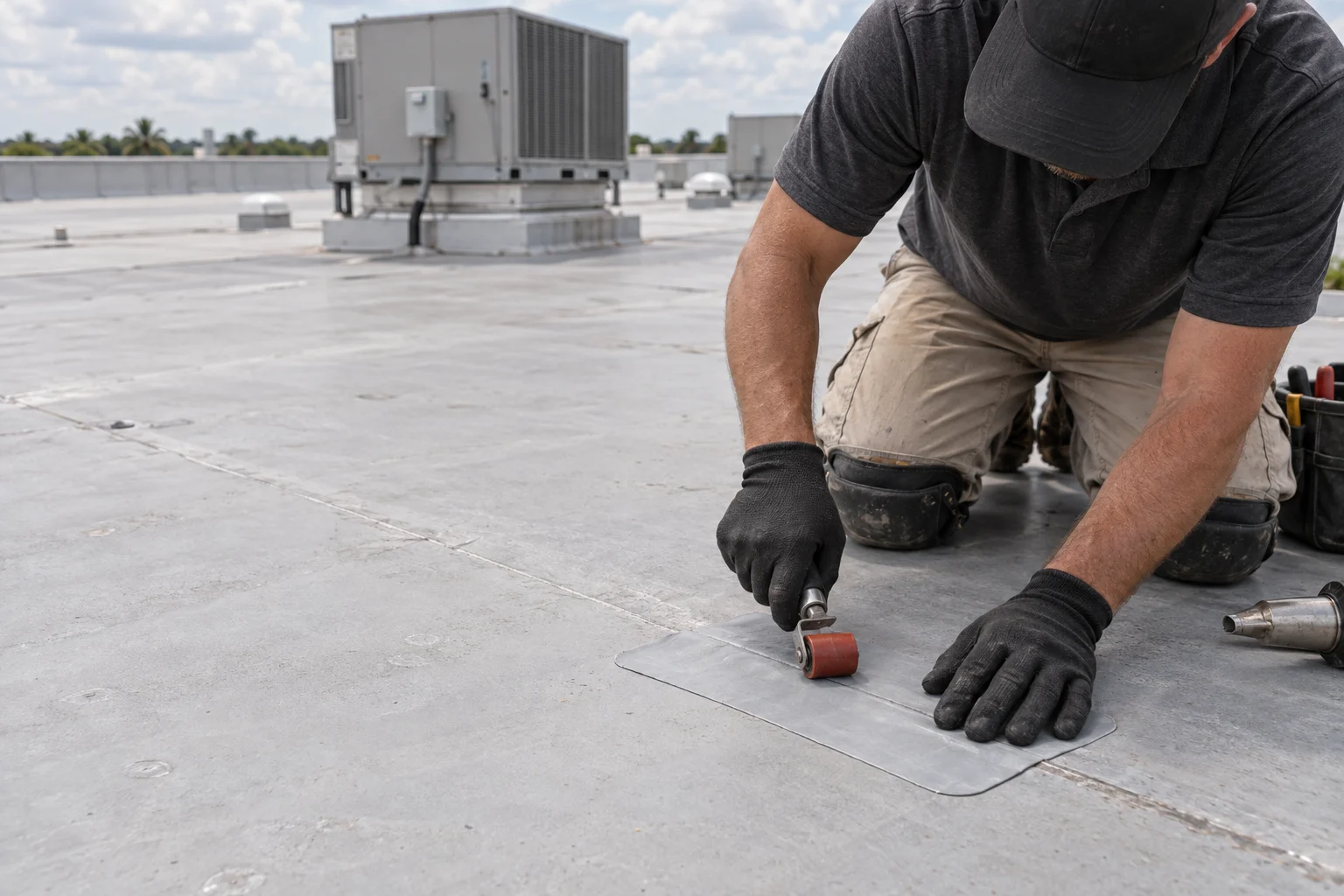 A roofer repairing a membrane seam on a commercial flat roof.