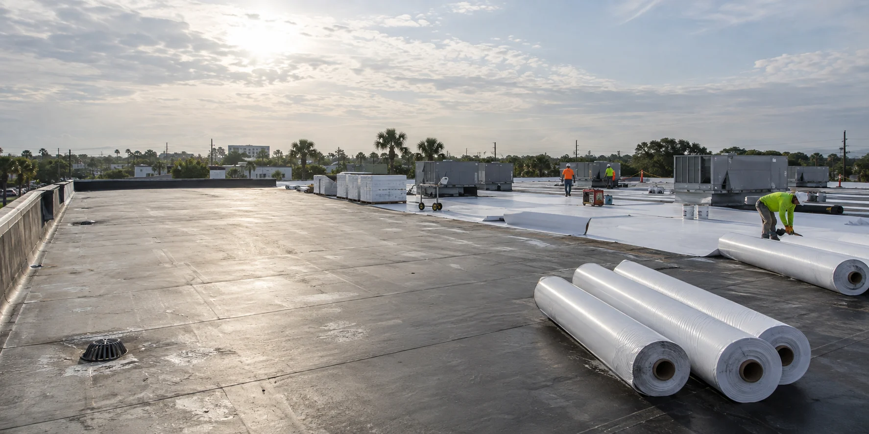 Membrane rolls staged beside an existing commercial flat roof.