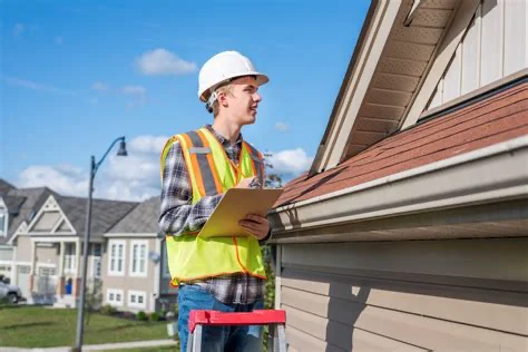 A contractor inspecting the gutter along the edge of a house roof.