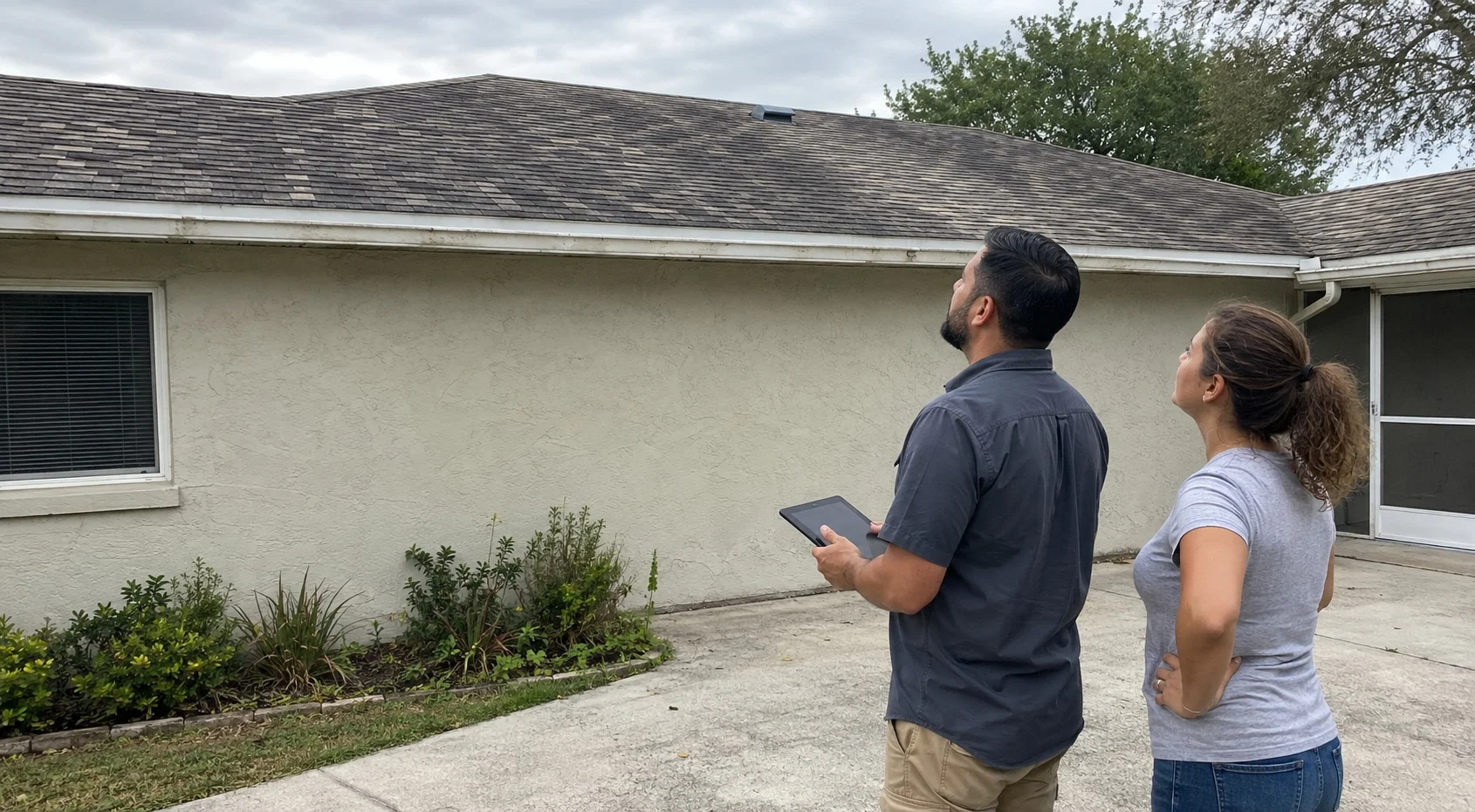 Two people looking at an aging shingle roof from the driveway.