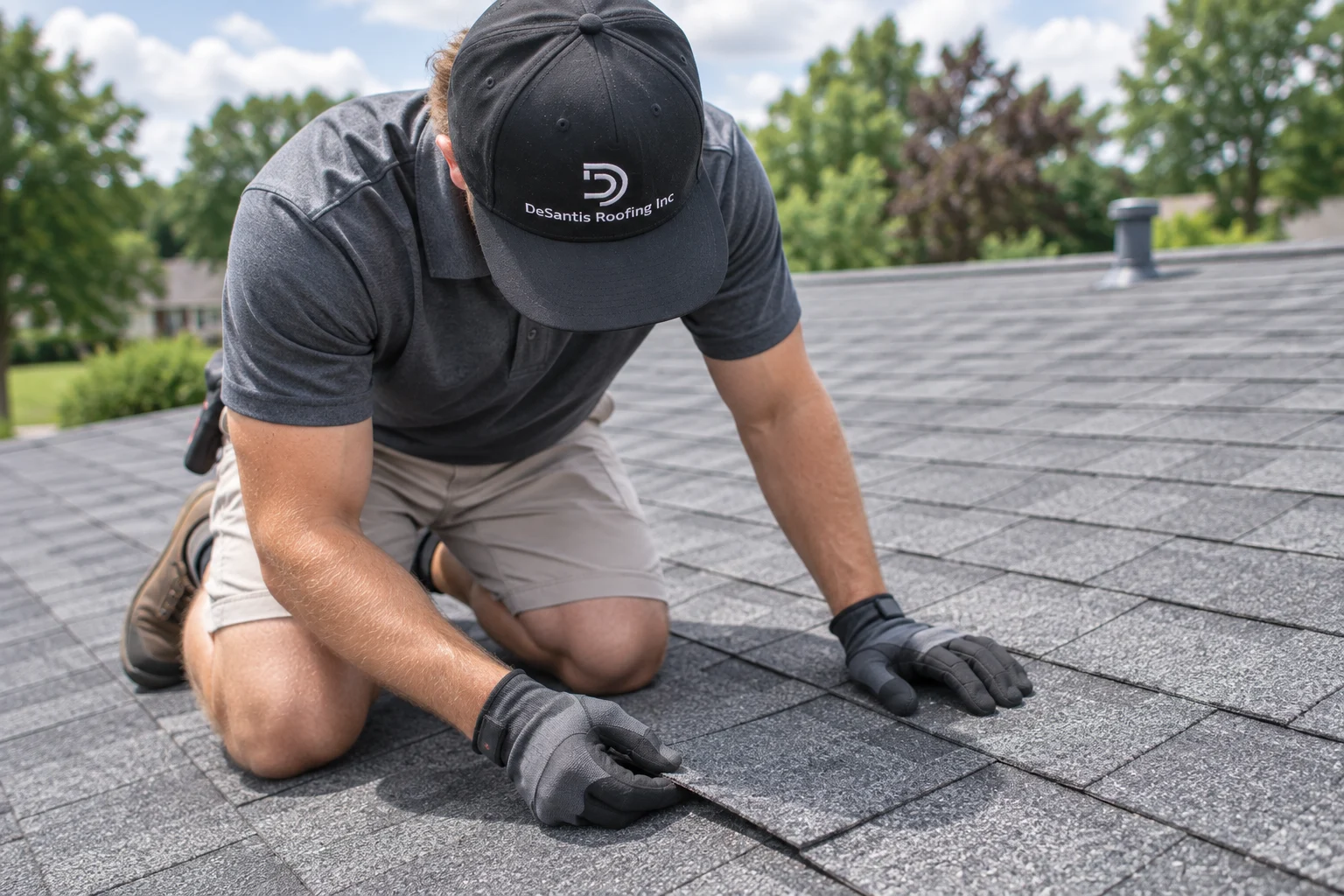 A roofer crouching to examine shingles on a residential roof.