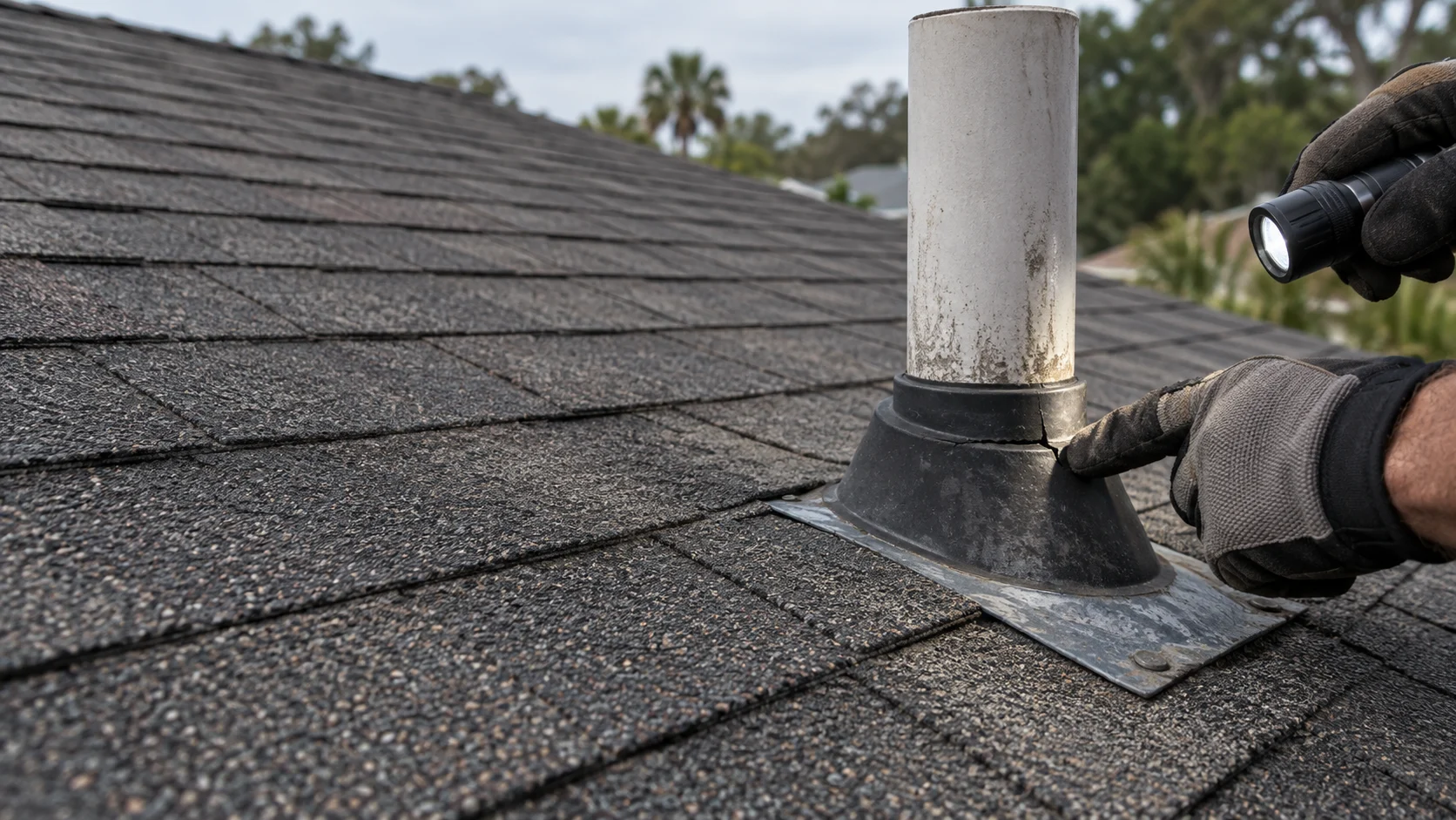 A roofer working on flashing around a pipe on a shingle roof.
