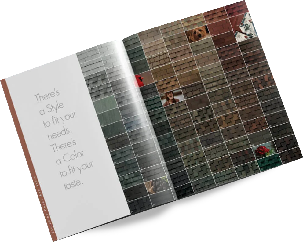 Roofing brochure showing a selection of shingle colors.