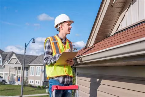 A contractor inspecting the gutter along the edge of a house roof.